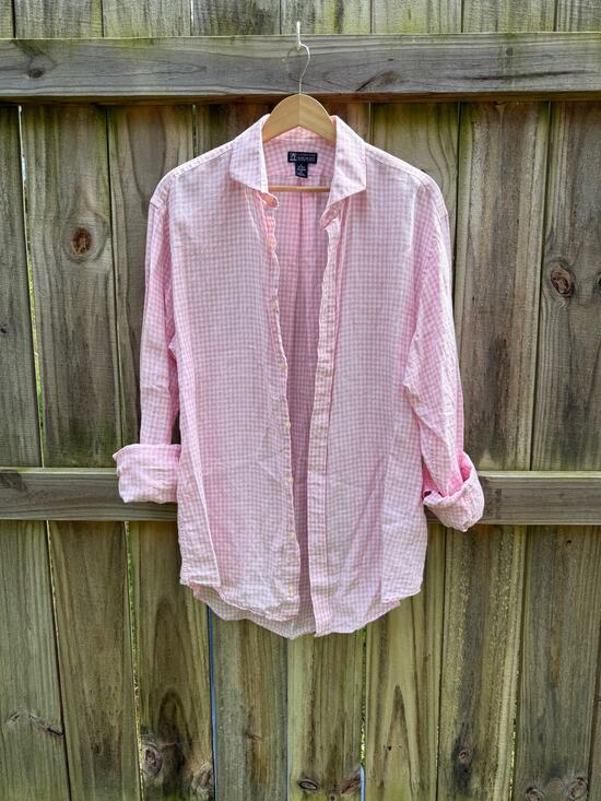 lands end Tops - Lands' End British Linen Pink Gingham Button-Up